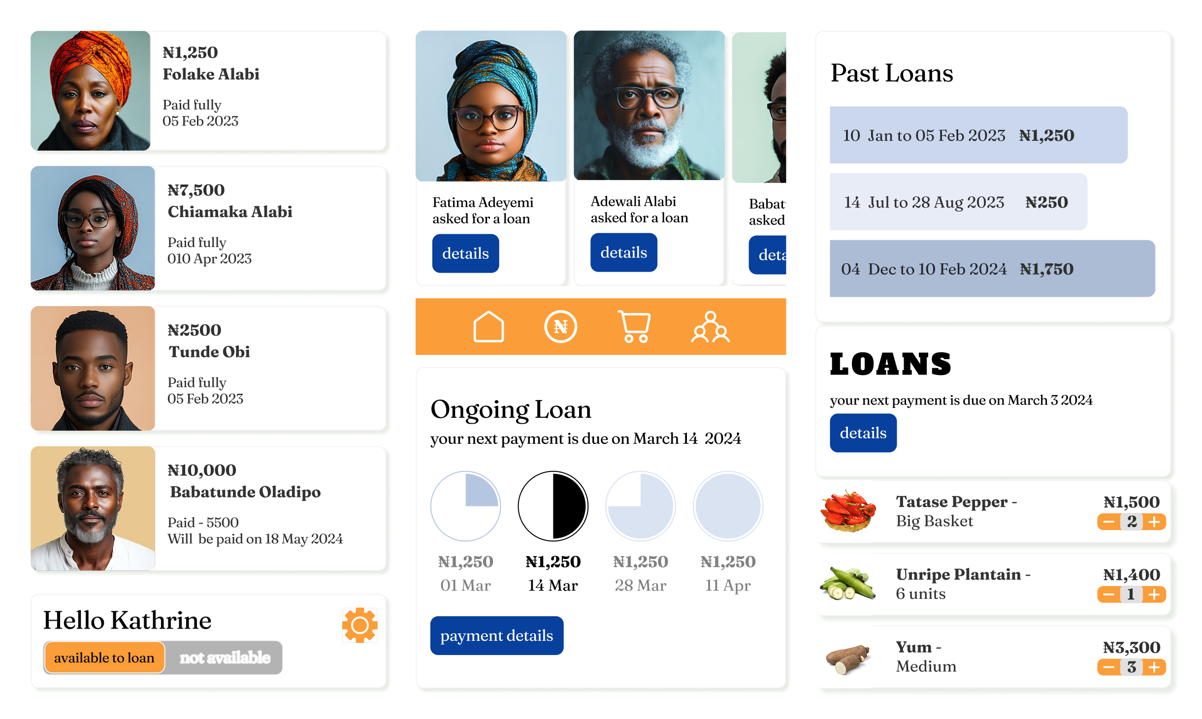 Food Loan project overview screens